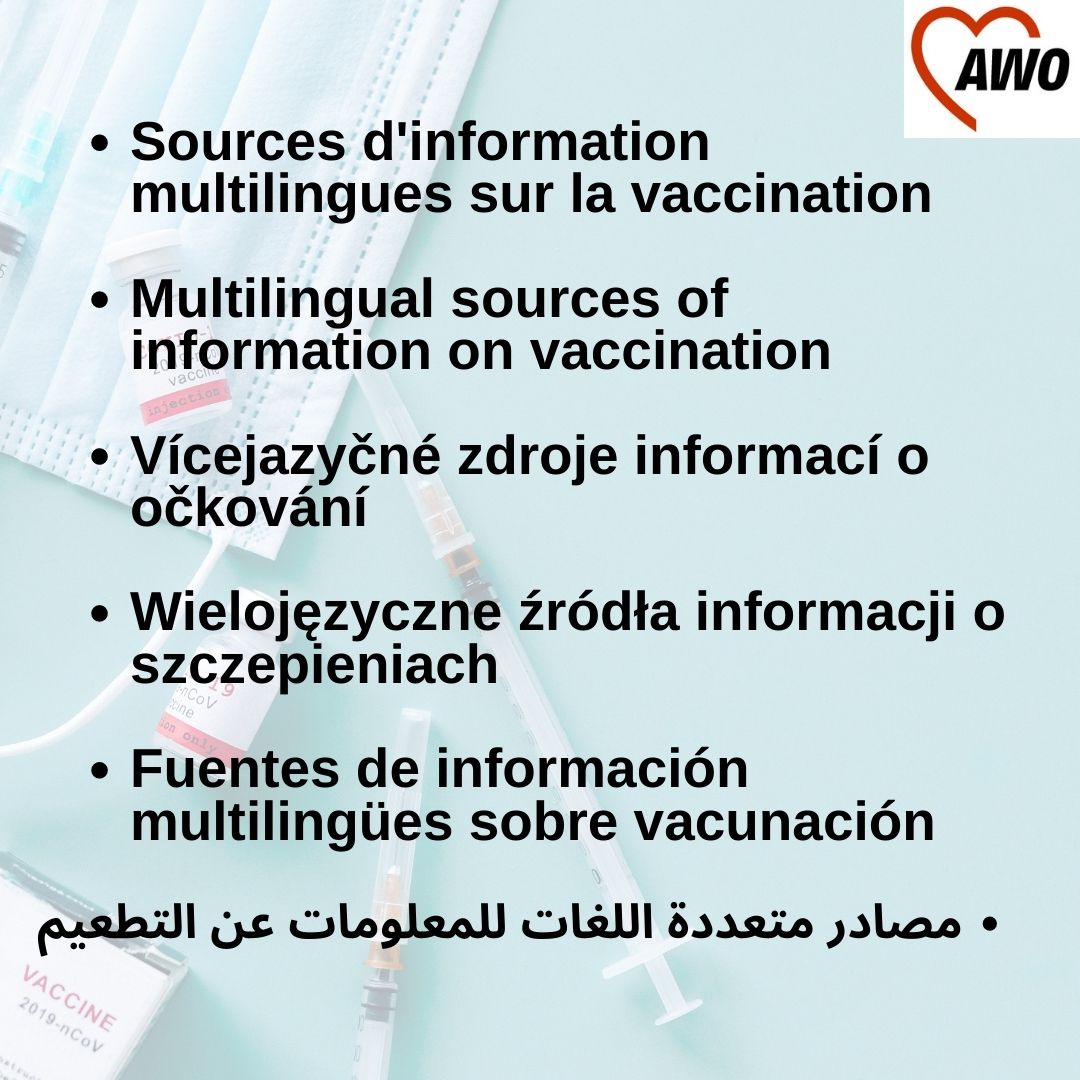 Der Satz Informationen zum Impfen in verschiedenen Sprachen
