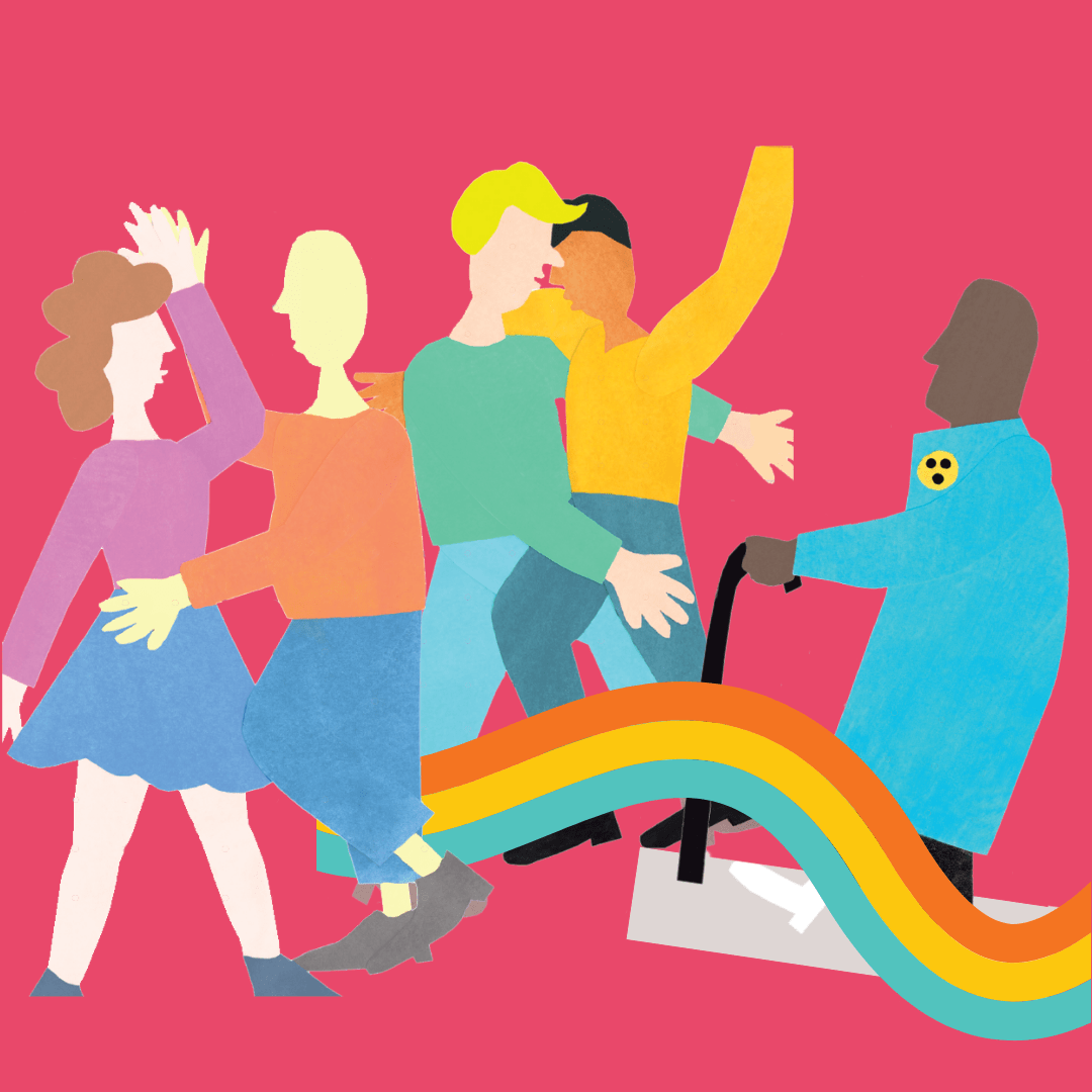 Illustration, die mehrere diverse Menschen auf einem rosa Hintergrund und einen vorbeiziehenden Regenbogen zeigt