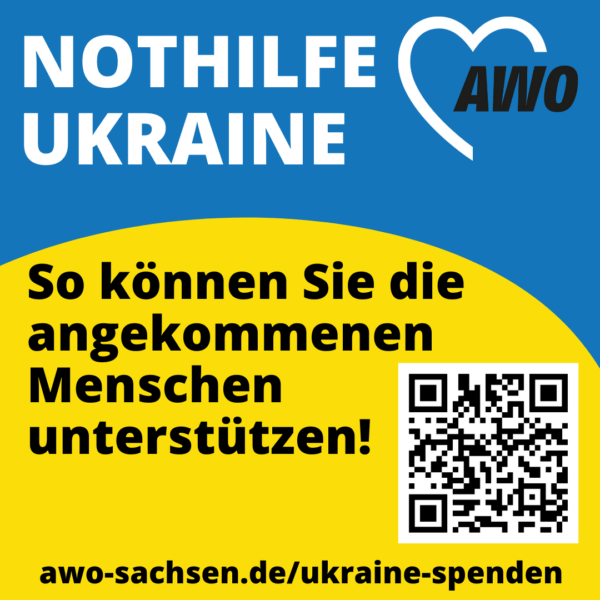 AWO Logo Ukraine mit Spendenhinweis für AWO Sachsen