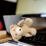 Ein Teddybär liegt auf einer Computertastatur neben einem Sandwich