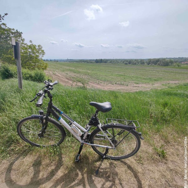 Fahrrad auf einem Feldweg, im Hintergrund ein weites Feld