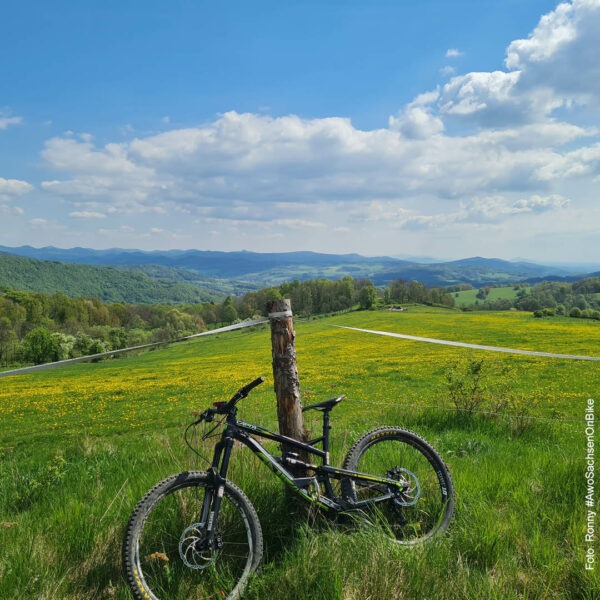 Fahrrad vor einer saftigen Wiese, im Hintergrund Hügel
