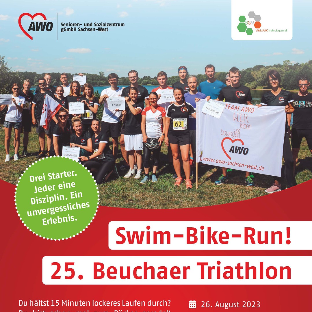 Plakat zum Swim-Bike-Run mit Teamfoto