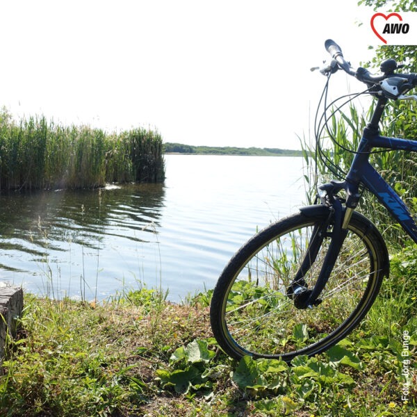 Ein Rad steht vor einem See in der Sonne