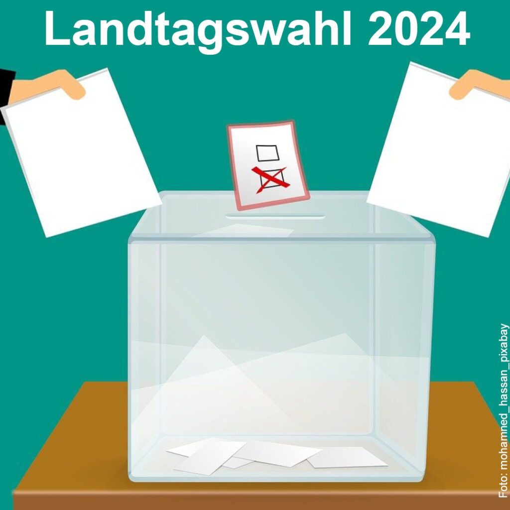 Grafik mit zwei Händen die einen Umschlag in die Wahlurne shcmeißen