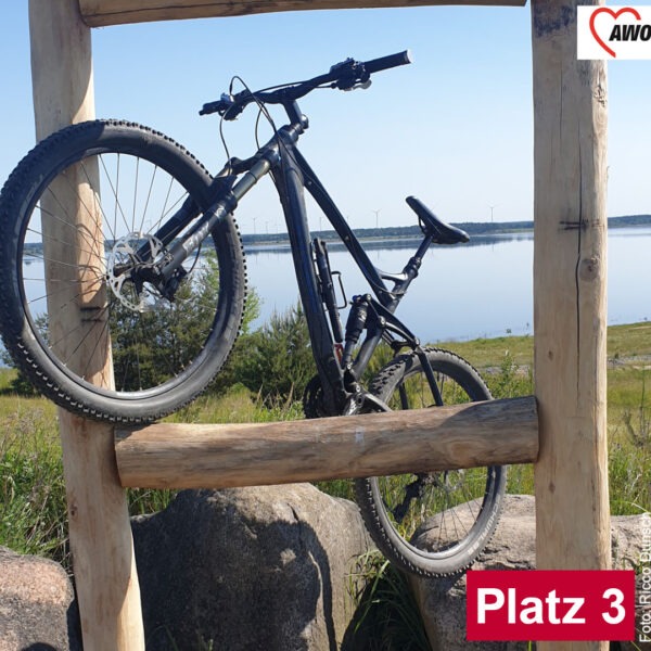 Platz 3 - Ein Fahrrad lehnt auf einer Holzkonstruktion vor einem See