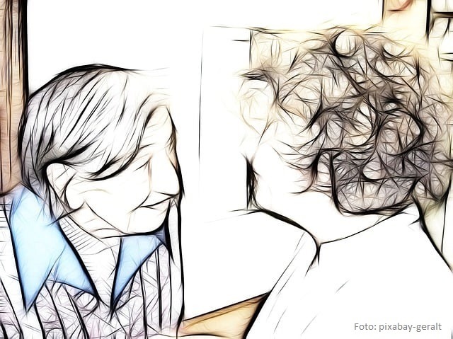 Zeichnung zweier älterer Frauen, die sich lächelnd in die Augen sehen