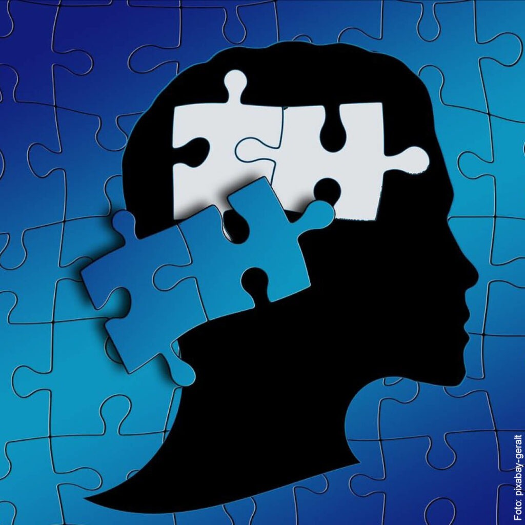 Grafik mit einem Puzzle und einem Gesicht von der Seite, zwei weiße und zwei blaue Puzzleteile sind nicht eingeordnet