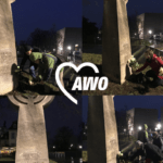 Fotocollage - 4 Bilder mit Niederlegung weißer Rosen an der Synagoge Dresden