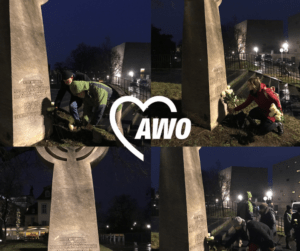 Fotocollage - 4 Bilder mit Niederlegung weißer Rosen an der Synagoge Dresden