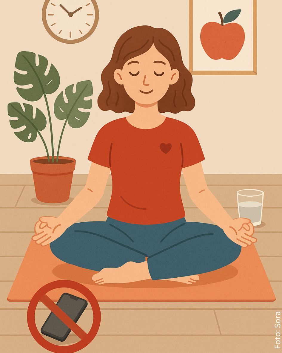 Eine Frau macht Yoga, im Vordergrund ein durchgestrichenes Handy