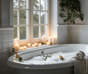 Eine Badewanne mit Schaum und Kerzen am Fenster 