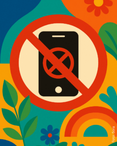 durchgestrichenes Handy vor blumigem Hintergrund 