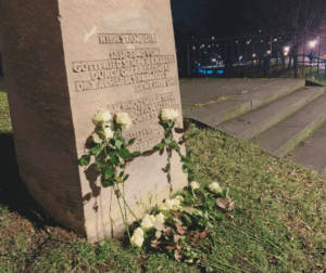 Weiße Rosen am Gedenkstein der Synagoge in Dresden