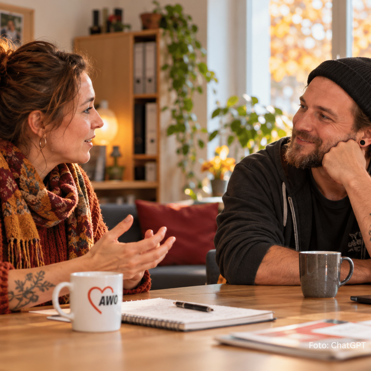 eine Frau mit Awo Tasse und ein Mann im angeregten Gespräch