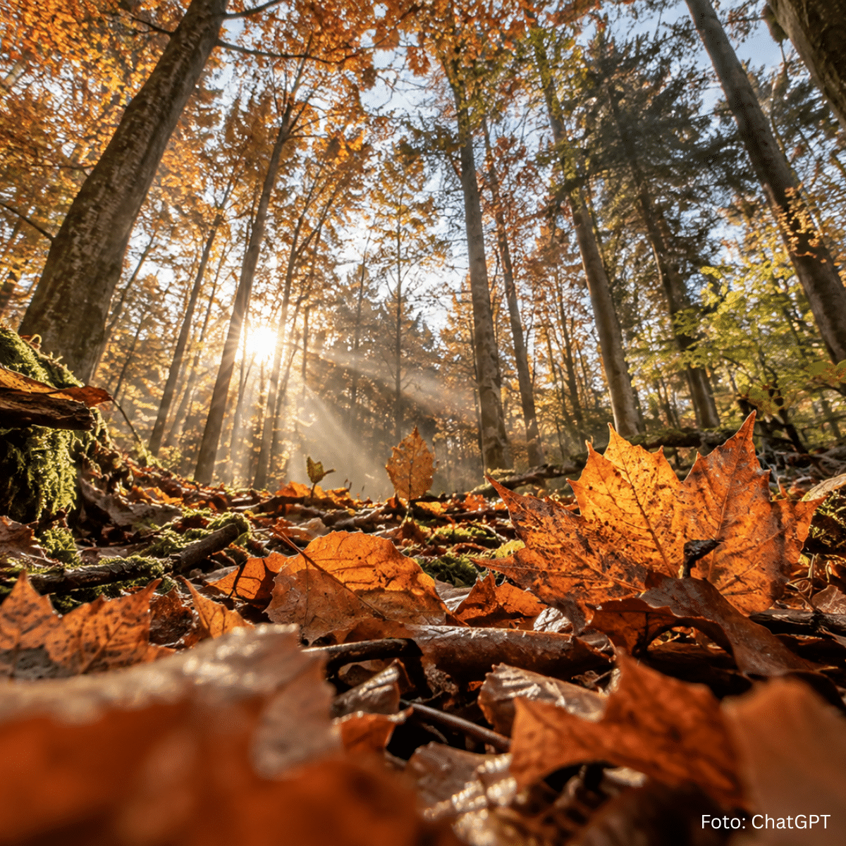 Sonnenstrahlen brechen durch einen herbstlichen Wald