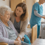 eine Angehörige mit einer pflegebedürftigen Person, im Hintergrund eine Pflegerin