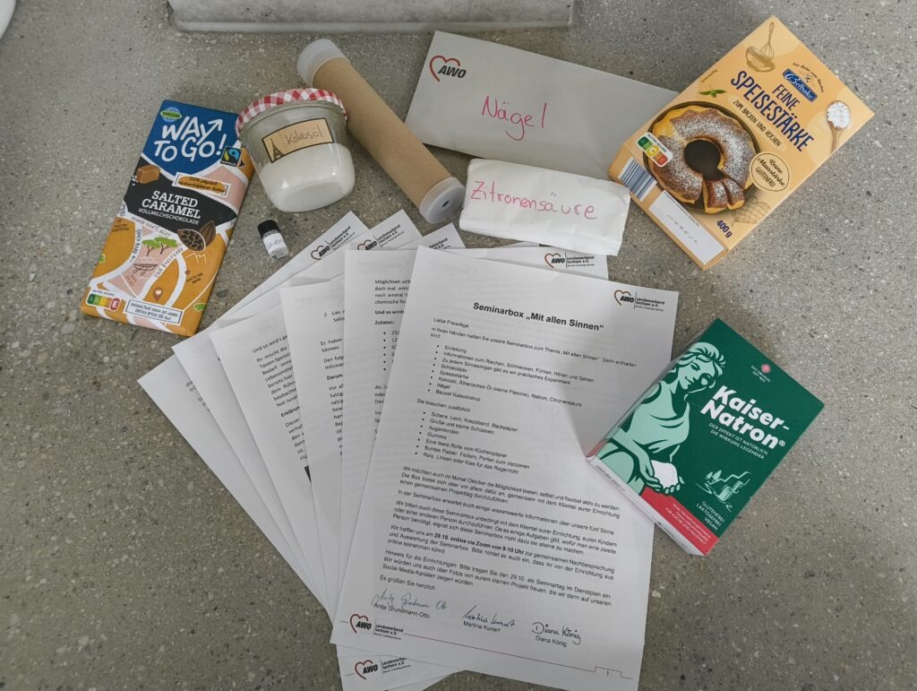 Auf einem grauen Boden liegen die Materialien einer AWO-Seminarbox „Mit allen Sinnen“. Zu sehen sind mehrere ausgedruckte Anleitungen, verschiedene Lebensmittel wie Salzkaramell-Kokosmilch, Kokosöl, Zitronensäure, Speisestärke und Natron sowie weitere Bastelmaterialien.